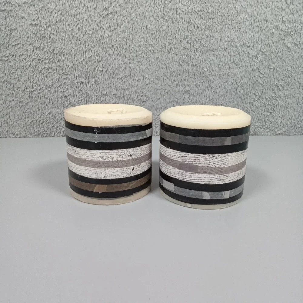 Set of 2 Modern Striped Pillar Candles Black Grey White Tan Neutral Decor 3x3